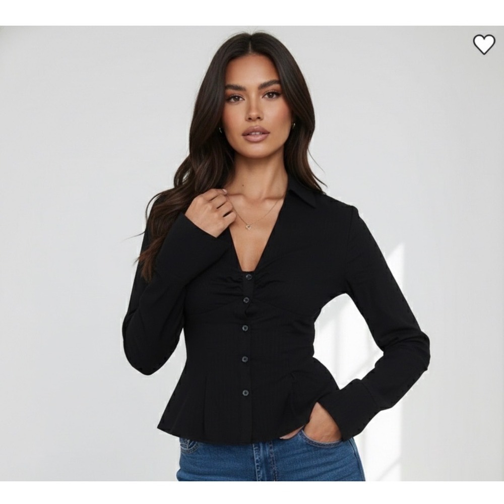 Princess Polly Ellowenn Black Button Front Ruched V Neck Peplum Blouse Top 12